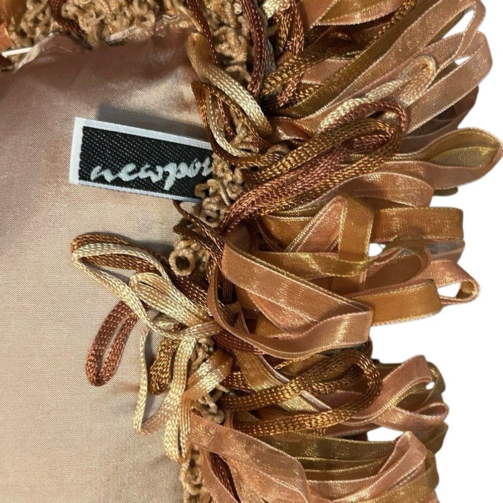 Boho Silk Satin Peach Embroidered Decorative Pillow Fringe Ribbon Down 21 Square - Picture 5 of 9